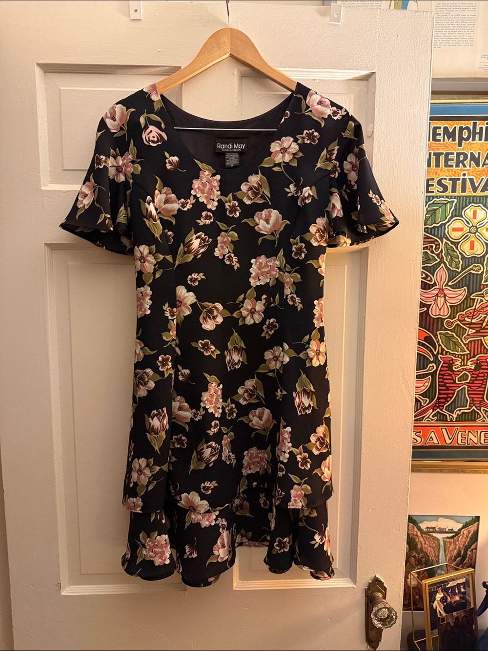Vintage Randi May Black Mini Dress with Pink Floral Print